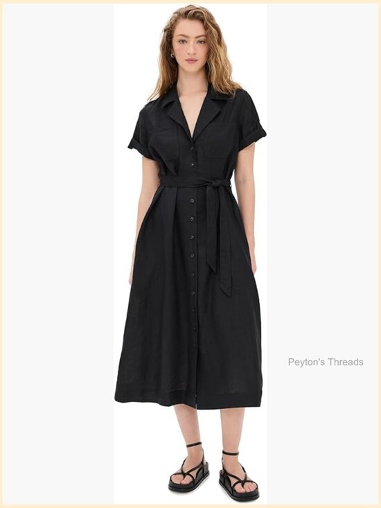 Dresses & Skirts - Linen Midi Dress with Collared Neck and Button Placket